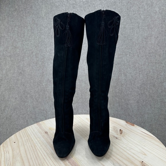 J Vincent Black Suede Stiletto Knee High Boots Decorative Tassel Bow Size 9M - Picture 3 of 16